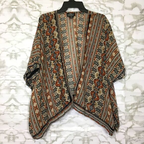 Angie Aztec Tribal boho print kimono style open front lightweight‎ cardigan M - Picture 3 of 10